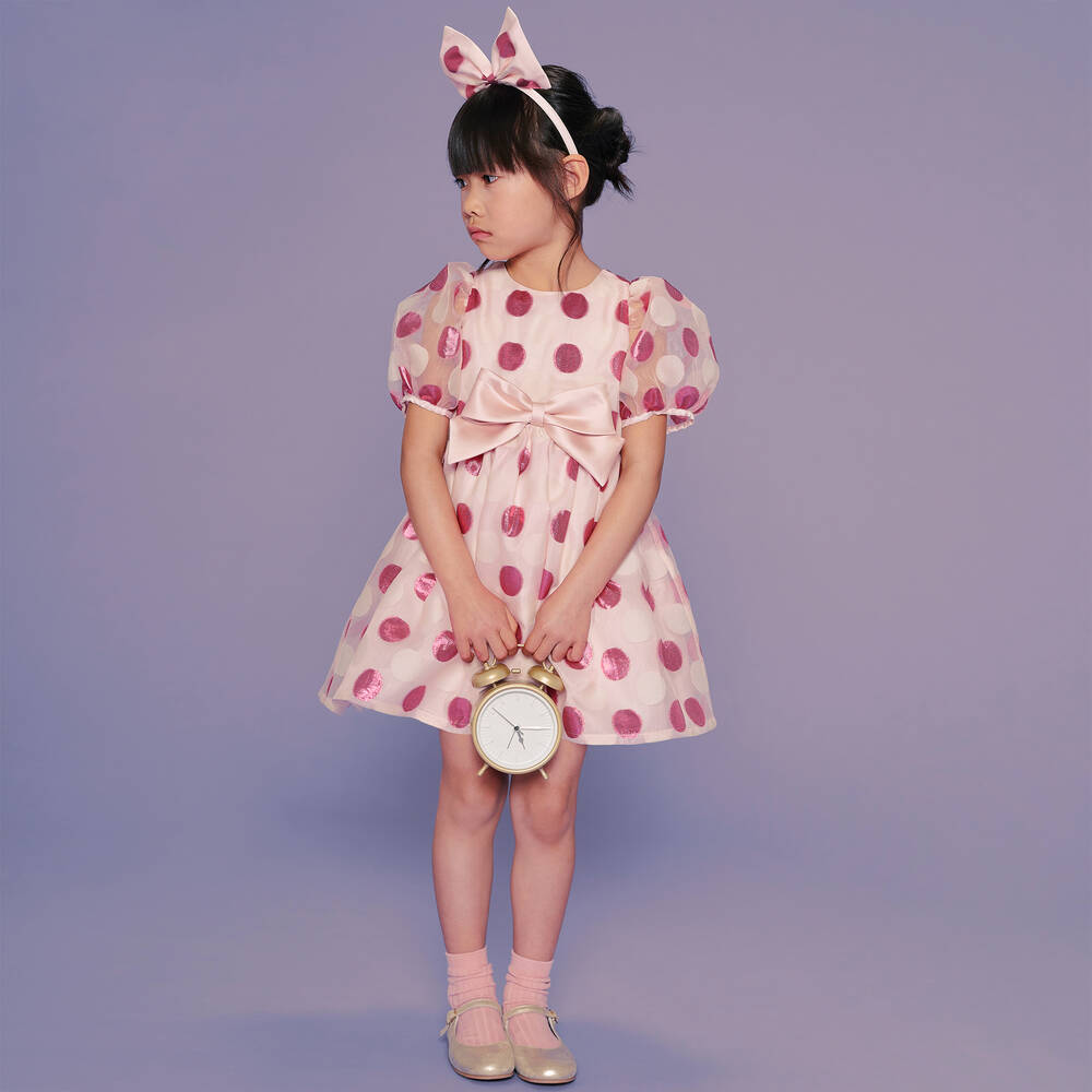Hucklebones London-Girls Pink Polka Dot Organza Dress | Childrensalon Outlet
