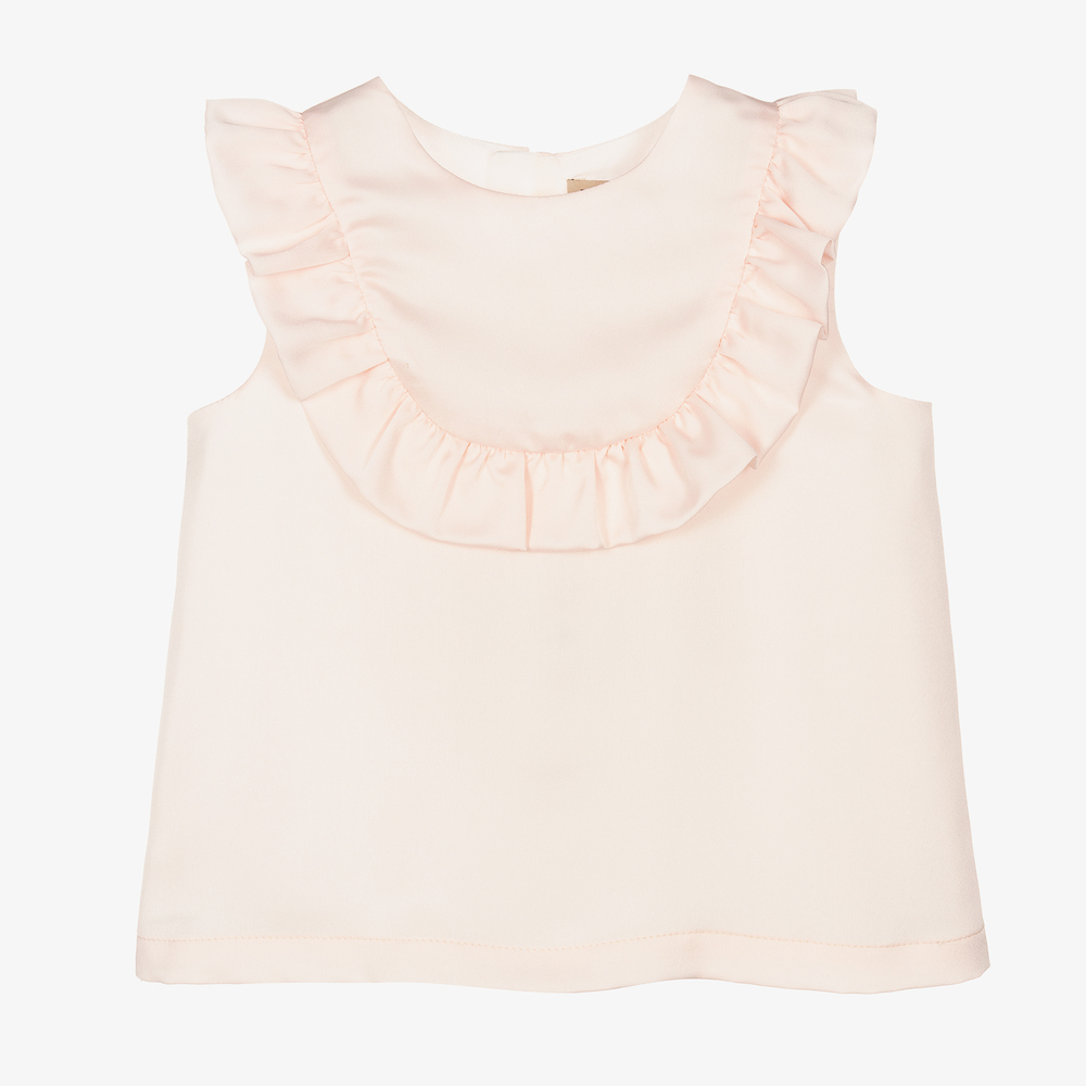 Hucklebones London - Girls Pink Satin Ruffle Blouse | Childrensalon