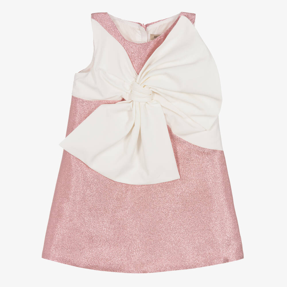 Hucklebones London-فستان مزين بفيونكة مزيج قطن لون زهري | Childrensalon Outlet