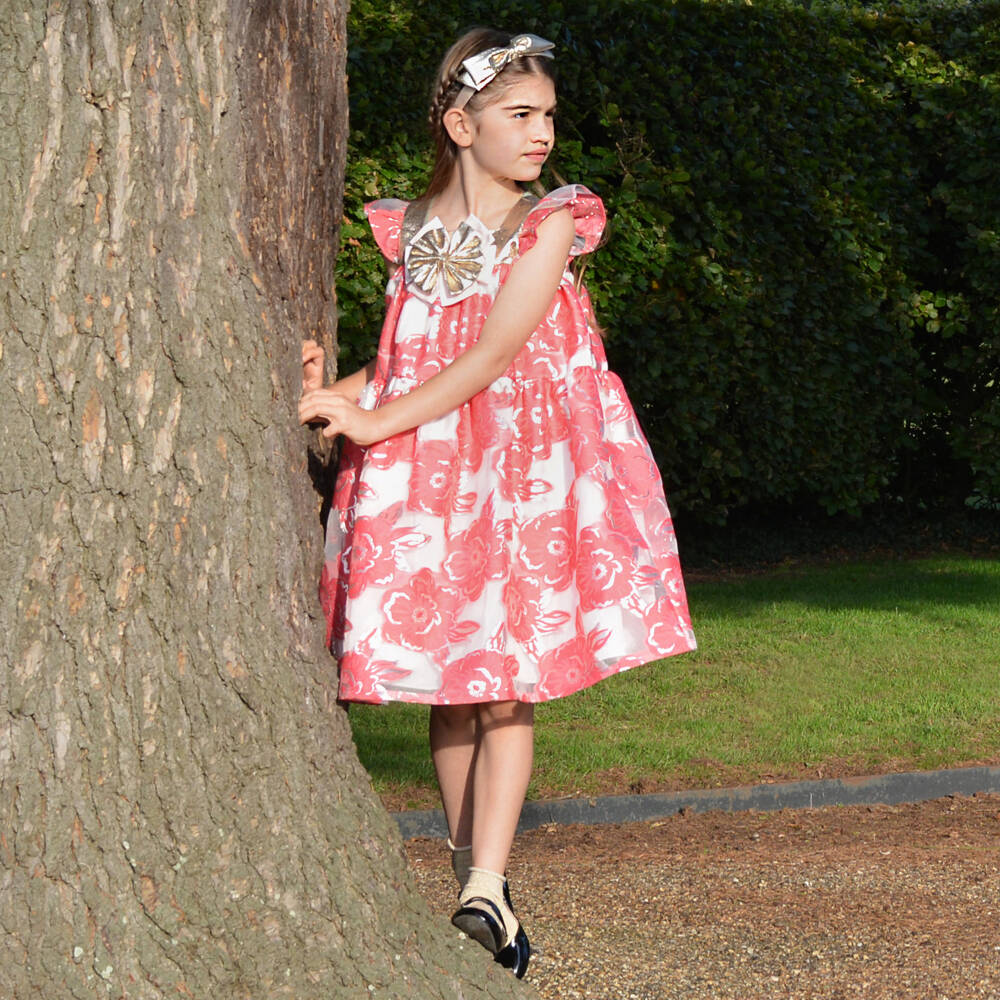 Hucklebones London-Girls Red Bloom Jacquard Elegance | Childrensalon Outlet