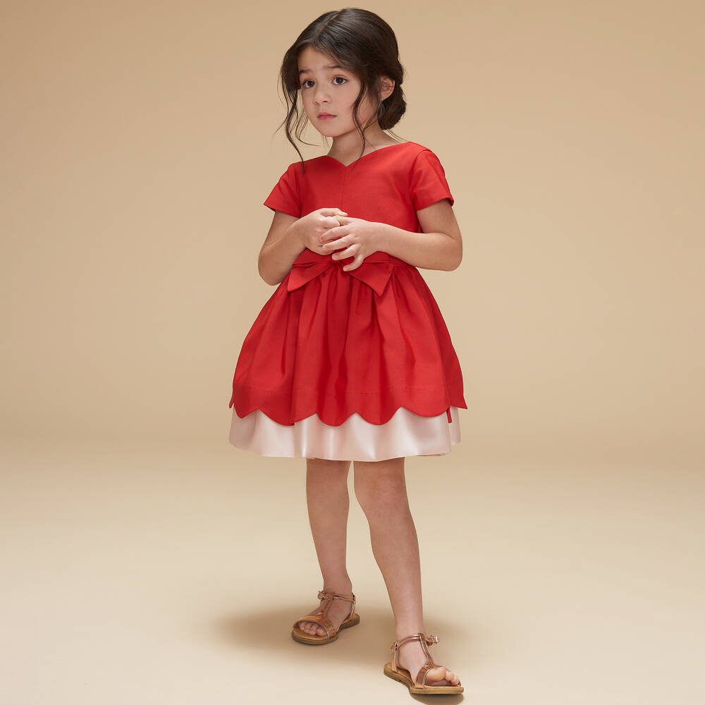 Hucklebones London-Girls Red Cotton Twill Dress | Childrensalon Outlet