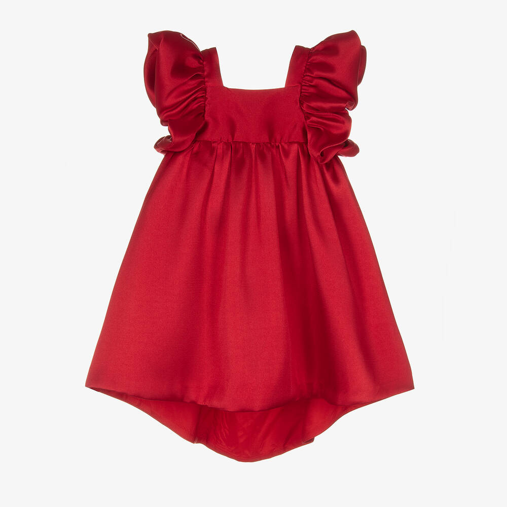 Hucklebones London - فستان ساتان تويل لون أحمر مزين بكشكش | Childrensalon