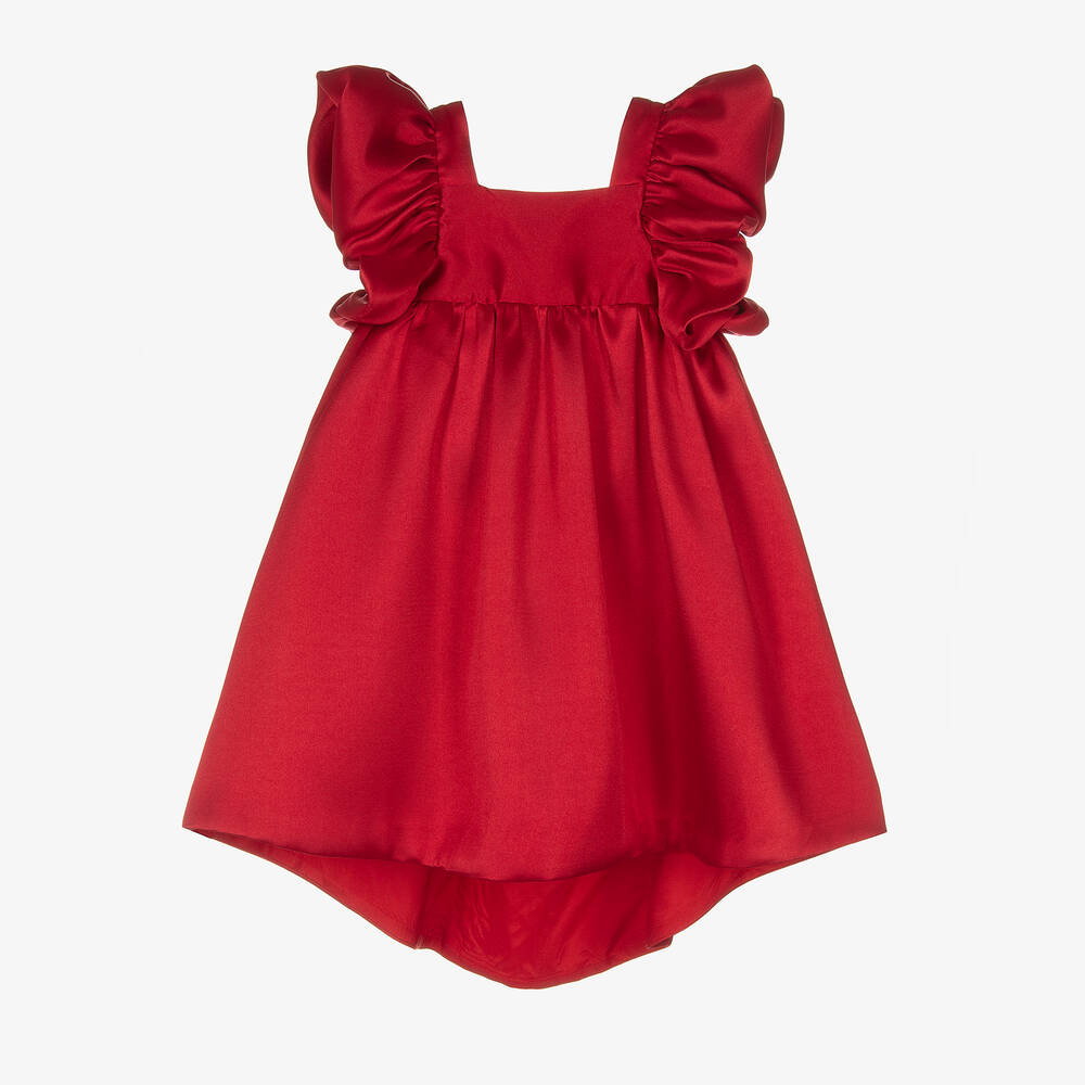 Hucklebones London-فستان ساتان تويل لون أحمر مزين بكشكش | Childrensalon Outlet