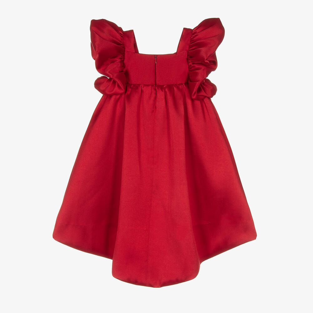 Hucklebones London-Girls Red Satin Ruffle Sleeve Dress | Childrensalon Outlet