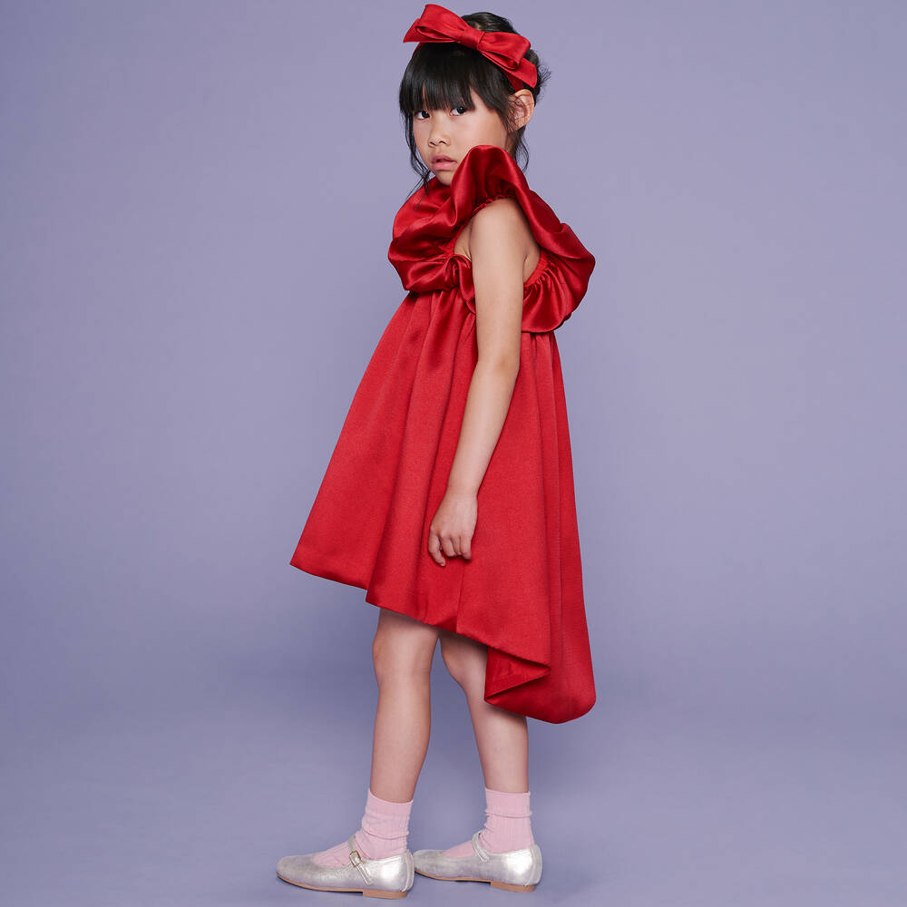 Hucklebones London-Girls Red Satin Ruffle Sleeve Dress | Childrensalon Outlet