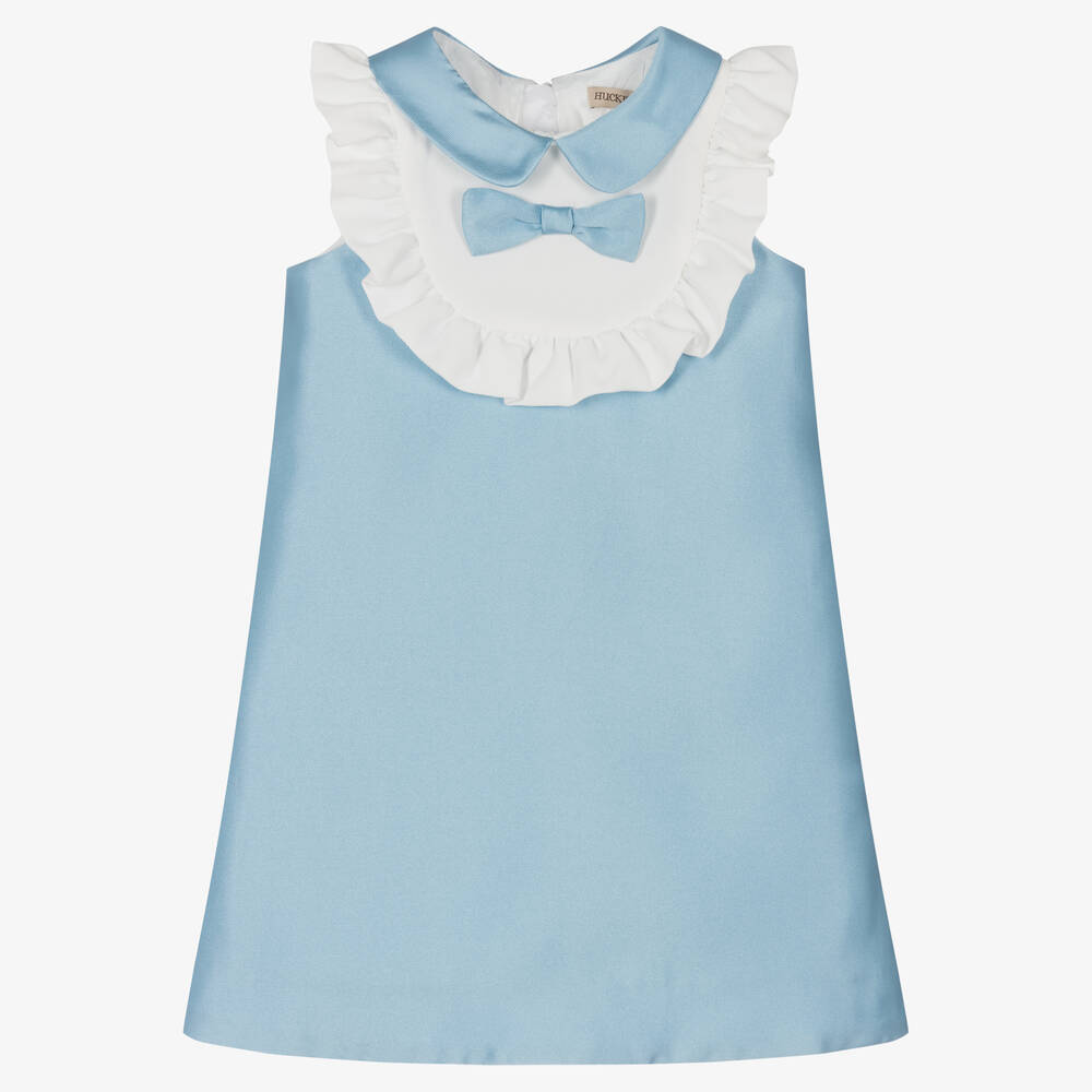 Hucklebones London - Girls Ruffle Bib Sky Blue Shift Dress | Childrensalon