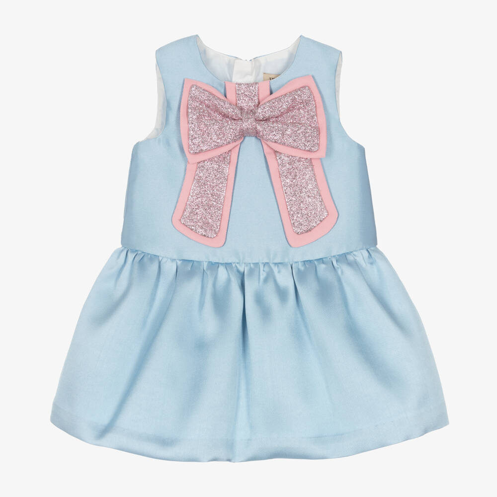 Hucklebones London-فستان فاخر للبنات من الساتان الأزرق مع فيونكة أنيقة | Childrensalon Outlet