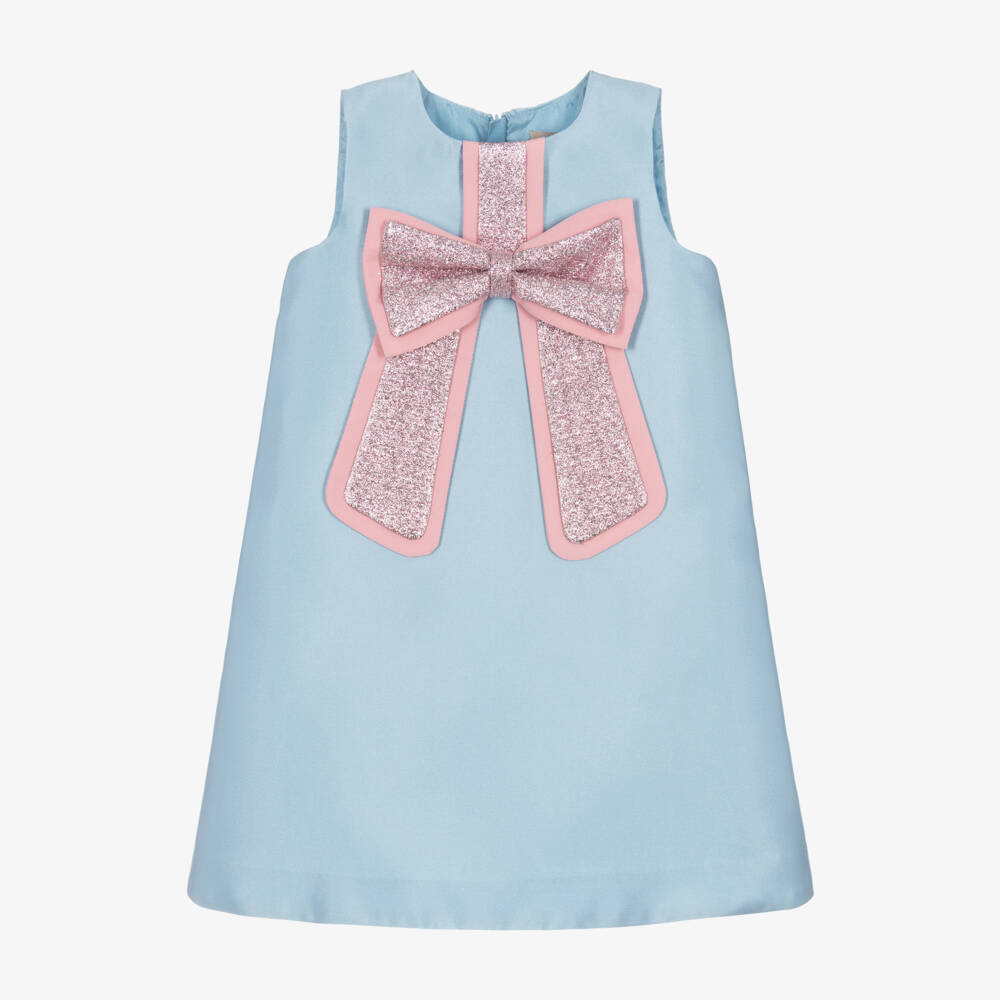 Hucklebones London-Girls Satin Twill Dress with Pink Bow | Childrensalon Outlet