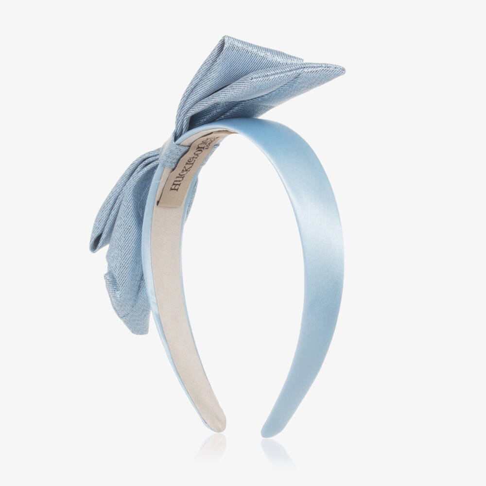 Hucklebones London-Girls Shimmering Blue Satin Bow Headband | Childrensalon Outlet