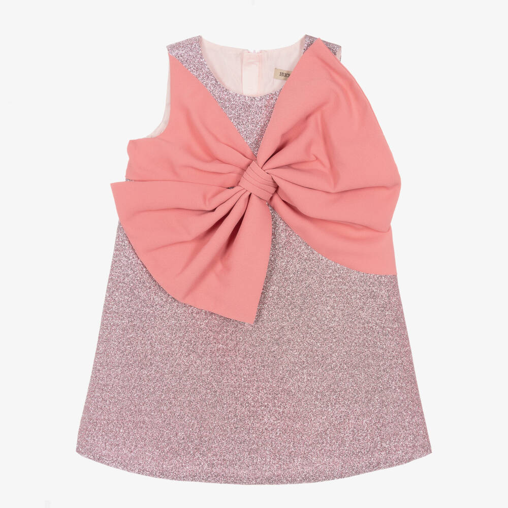 Hucklebones London-Girls Shimmering Pink Bow Dress | Childrensalon Outlet