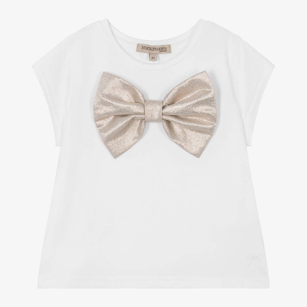 Hucklebones London-تيشيرت أبيض ناعم للبنات مع فيونكة ذهبية | Childrensalon Outlet