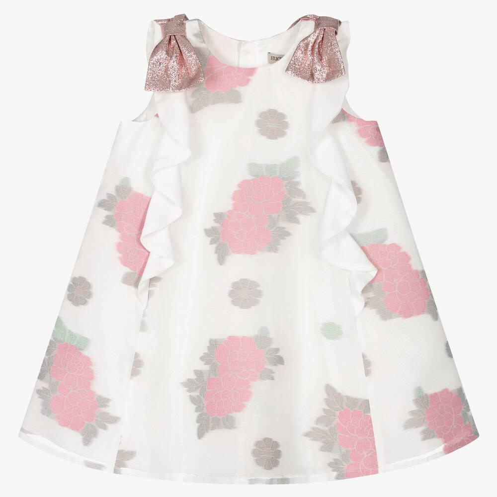 Hucklebones London - Girls White Floral Jacquard Organza Dress | Childrensalon