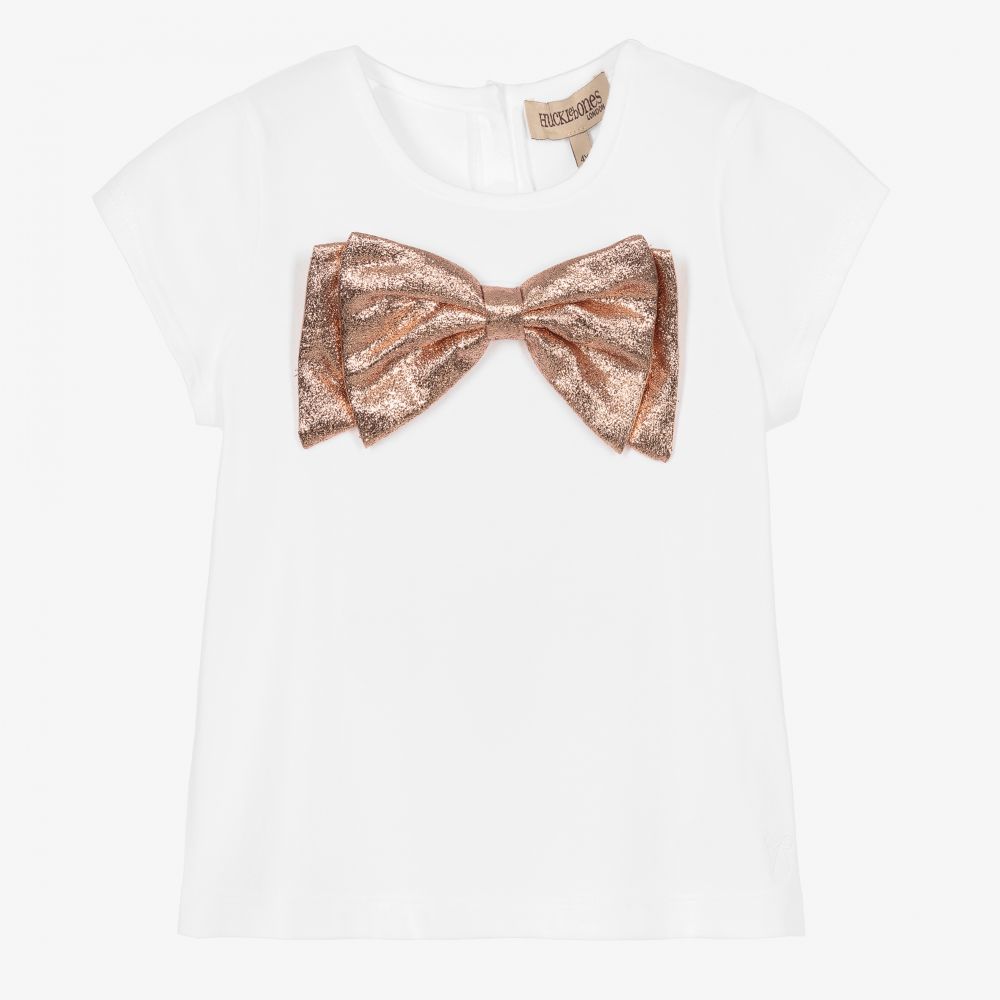 Hucklebones London-Girls White & Gold Bow T-Shirt | Childrensalon Outlet
