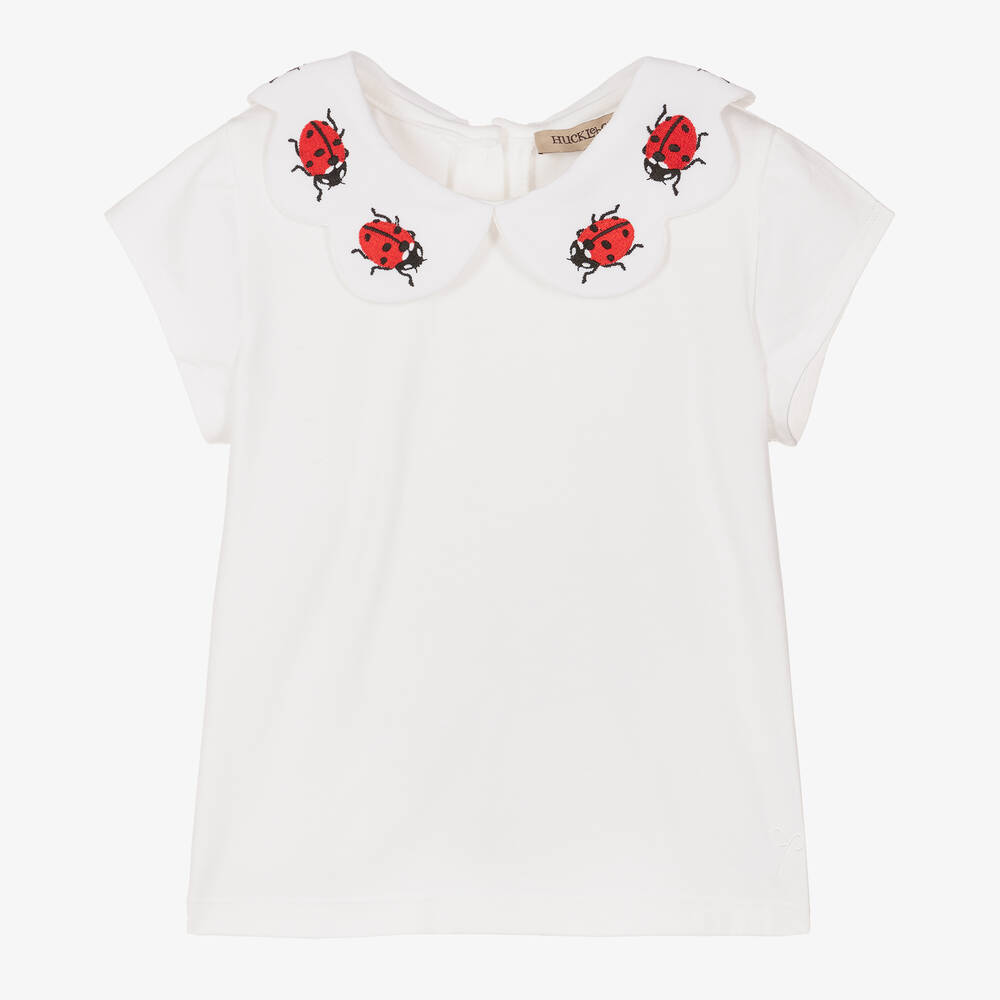 Hucklebones London - Girls White Jersey Ladybird Top | Childrensalon