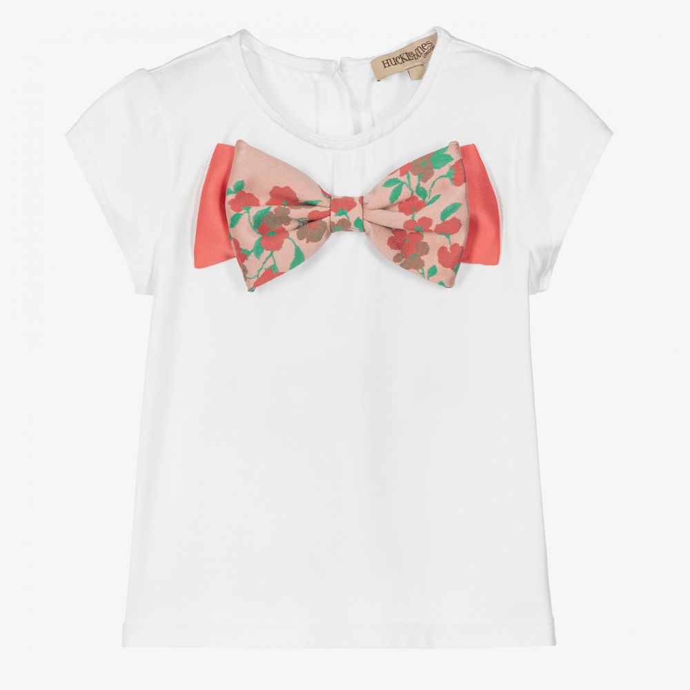 Hucklebones London - Girls White & Pink Bow T-Shirt | Childrensalon