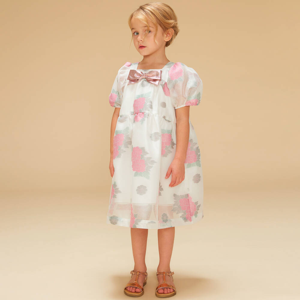 Hucklebones London-Girls White & Pink Floral Organza Dress | Childrensalon Outlet