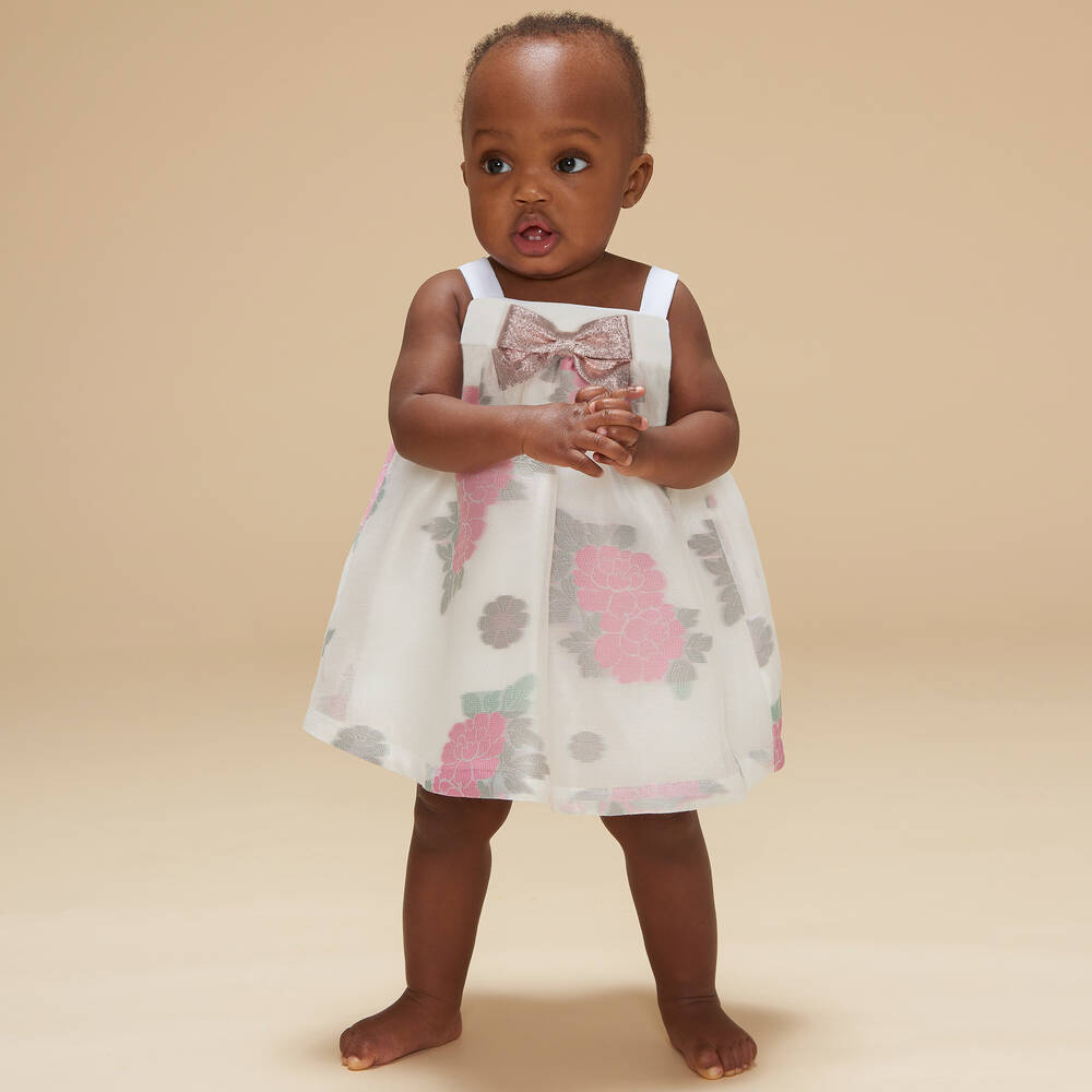 Hucklebones London-Белое платье из органзы с розовыми цветами | Childrensalon Outlet