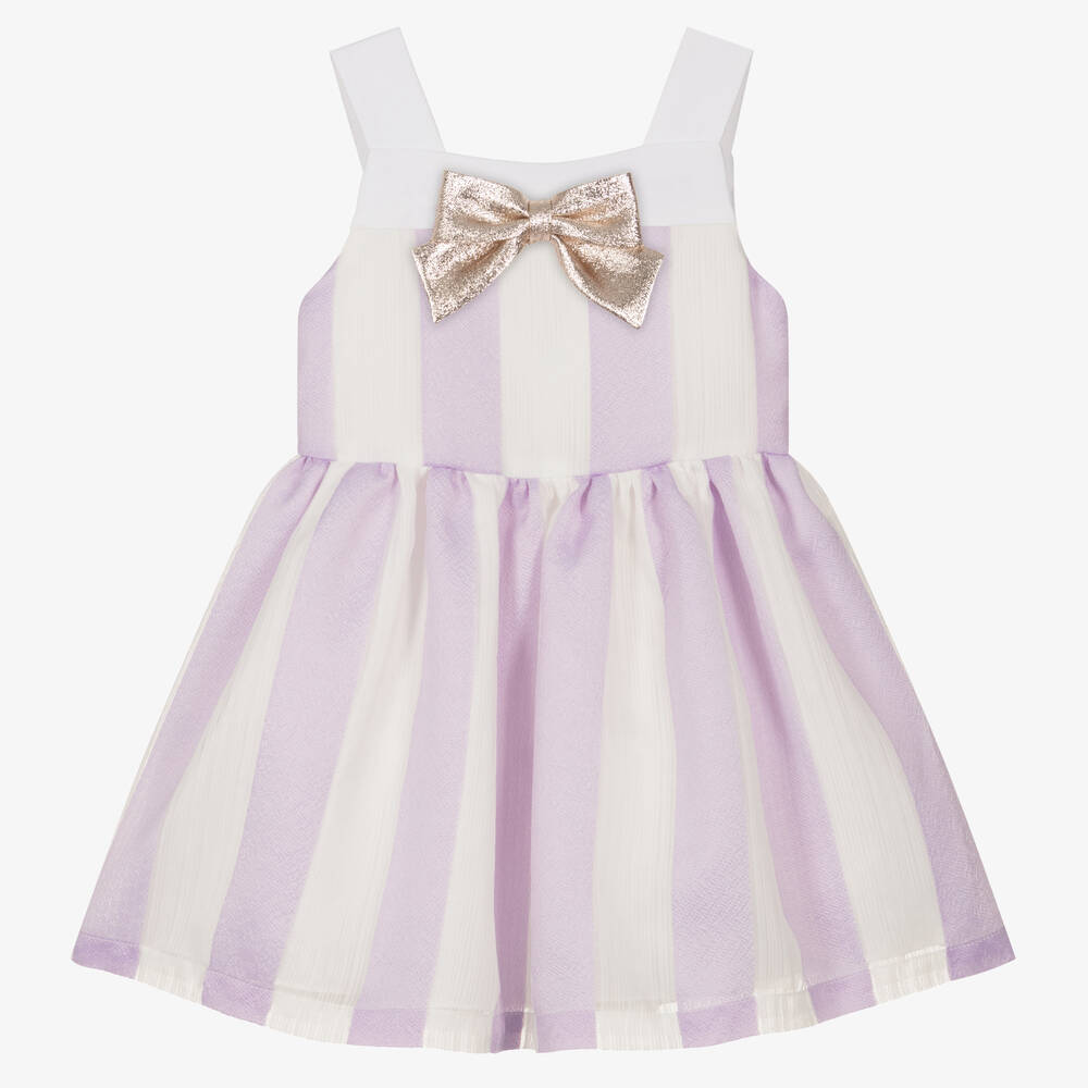 Hucklebones London - Girls White & Purple Striped Dress | Childrensalon