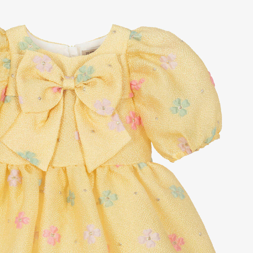 Hucklebones London-Girls Yellow Floral Jacquard Dress with Bow | Childrensalon Outlet
