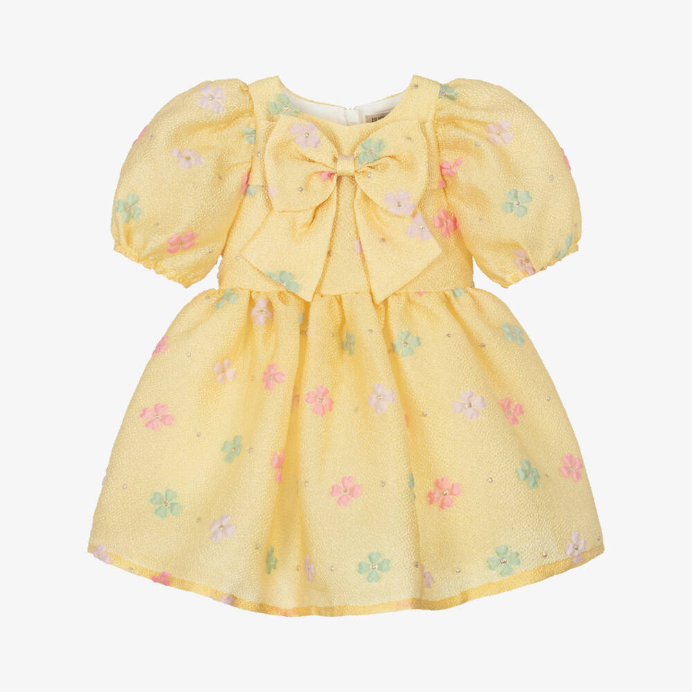 Hucklebones London-Girls Yellow Floral Jacquard Dress with Bow | Childrensalon Outlet