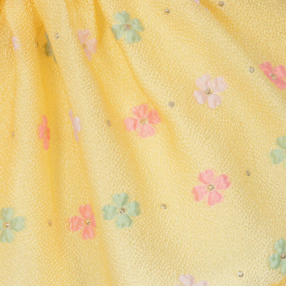 Hucklebones London-Girls Yellow Floral Jacquard Dress with Bow | Childrensalon Outlet