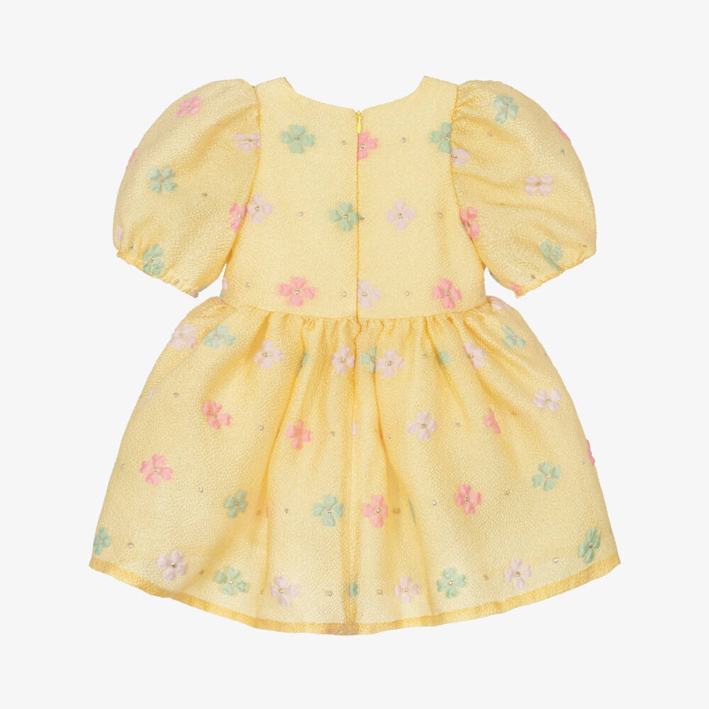 Hucklebones London-Girls Yellow Floral Jacquard Dress with Bow | Childrensalon Outlet