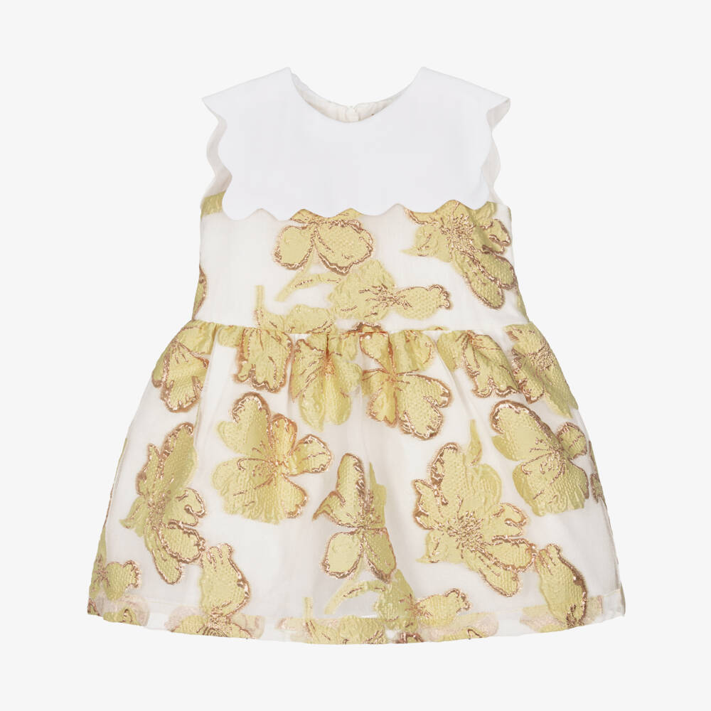 Hucklebones London-Girls Yellow & Gold Jacquard Floral Dress | Childrensalon Outlet