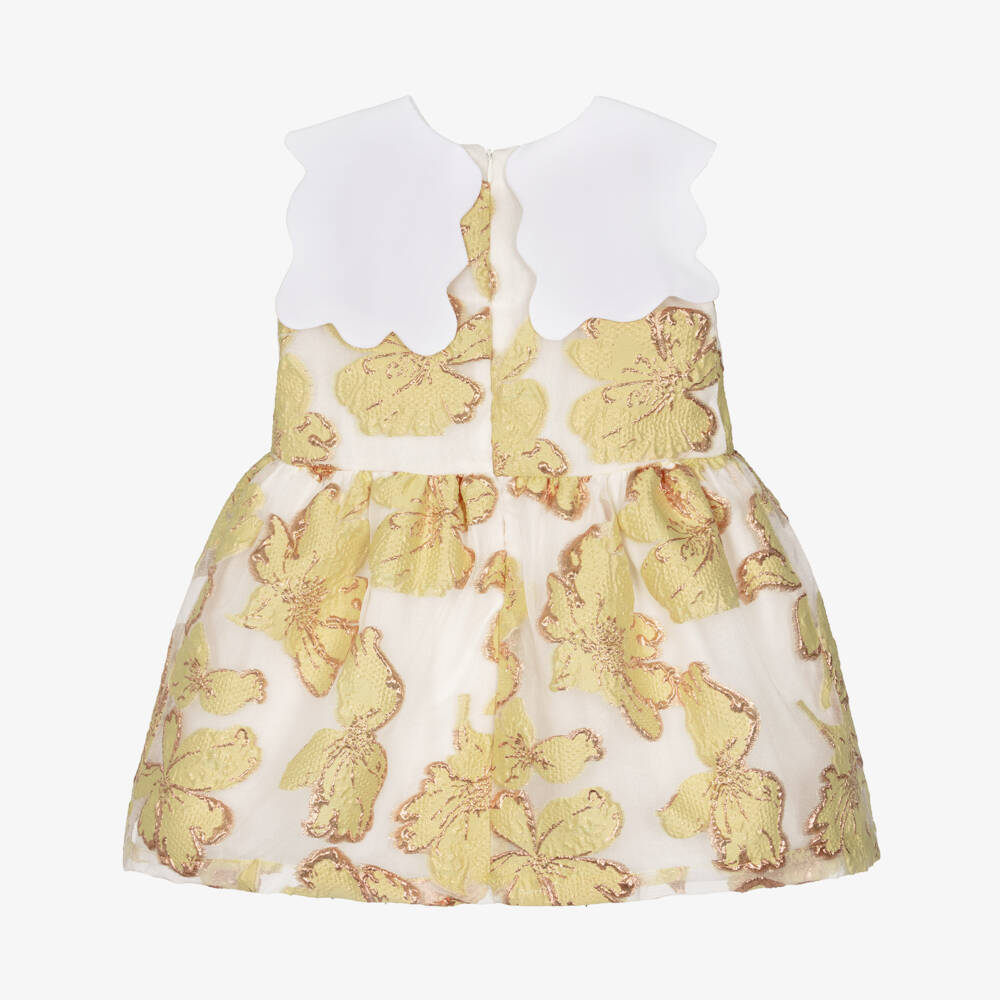Hucklebones London-Girls Yellow & Gold Jacquard Floral Dress | Childrensalon Outlet