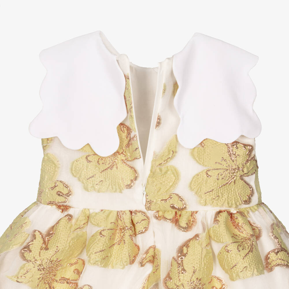 Hucklebones London-Girls Yellow & Gold Jacquard Floral Dress | Childrensalon Outlet
