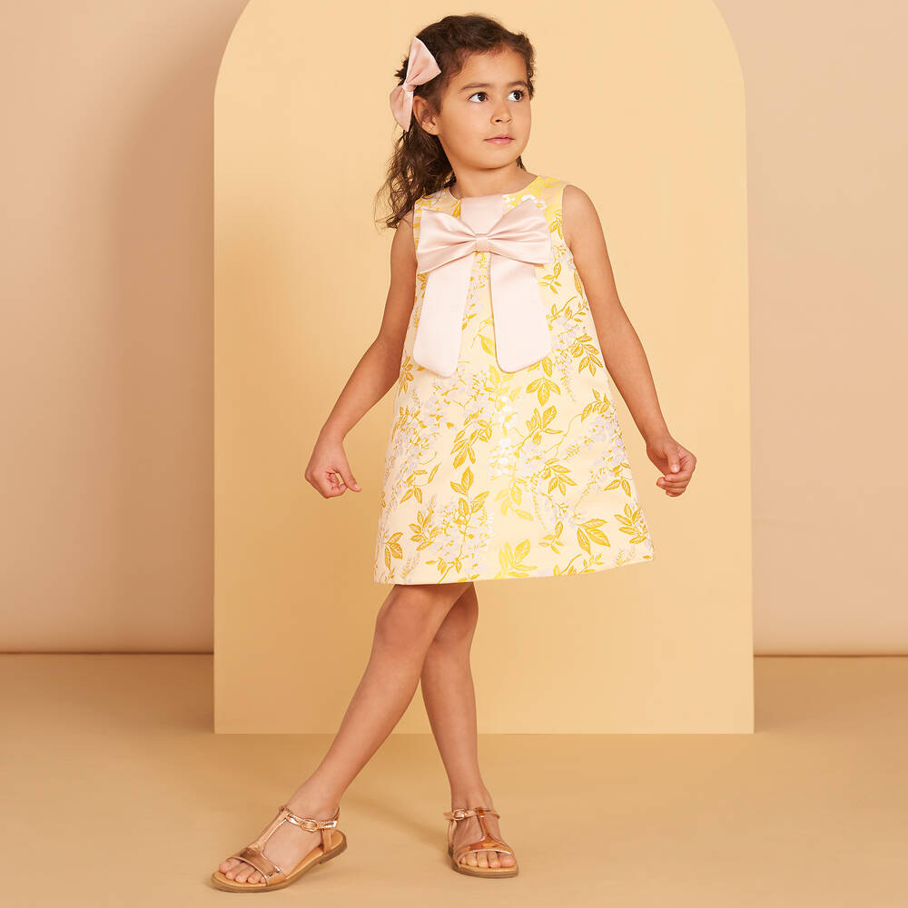 Hucklebones London-Желтое жаккардовое платье для девочек | Childrensalon Outlet