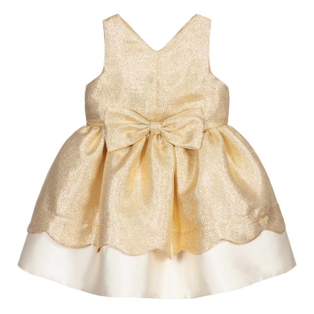 Hucklebones London-فستان مزيج قطن لون ذهبي وعاجي | Childrensalon Outlet