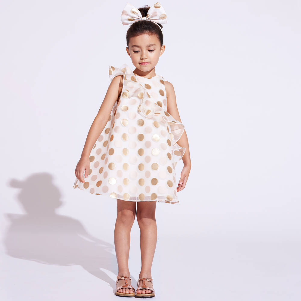 Hucklebones London-Ivory & Gold Organza Dress | Childrensalon Outlet