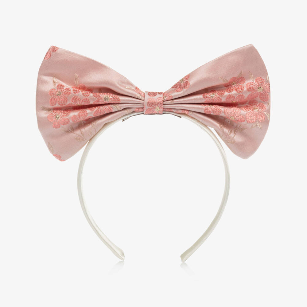 Hucklebones London-طوق للشعر ساتان لون عاجي وزهري مزين بفيونكة جاكارد | Childrensalon Outlet