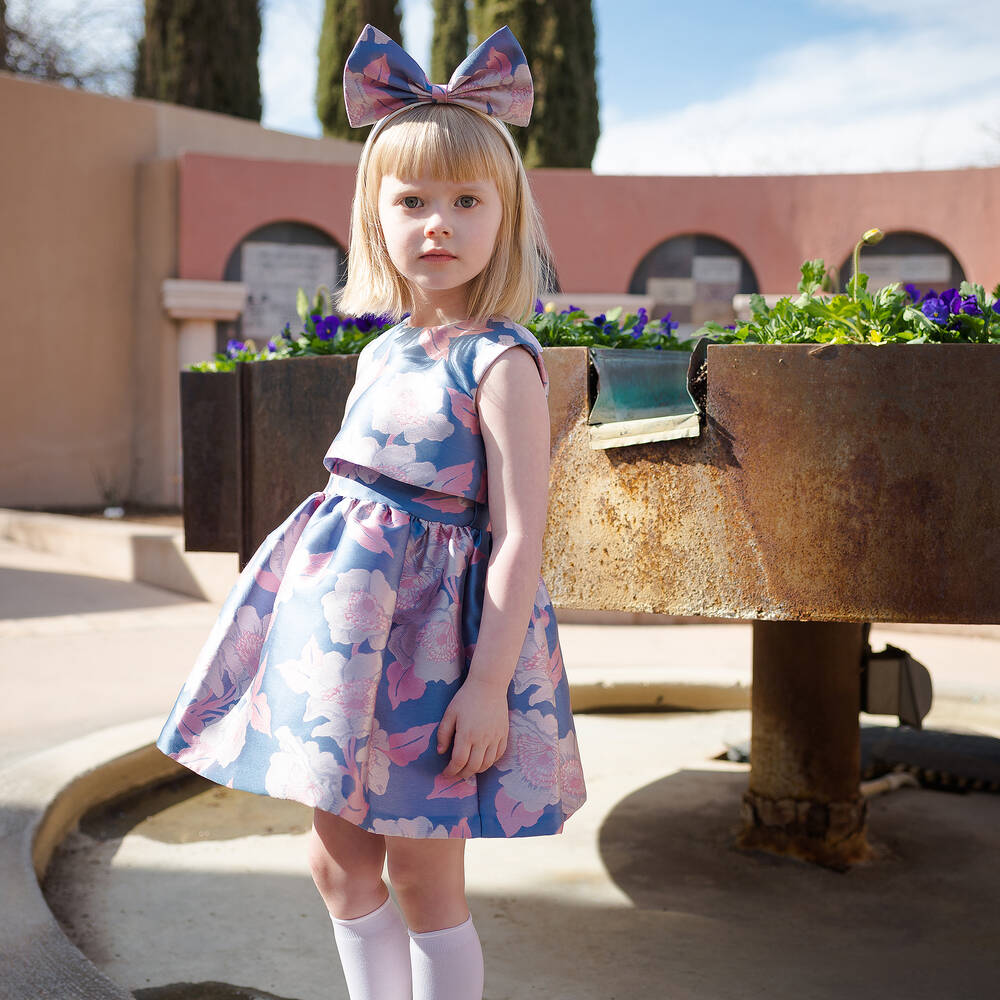 Hucklebones London-Розово-голубое жаккардовое платье | Childrensalon Outlet