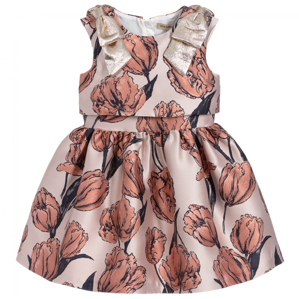 Hucklebones London - Розовое платье из глазета с тюльпанами | Childrensalon