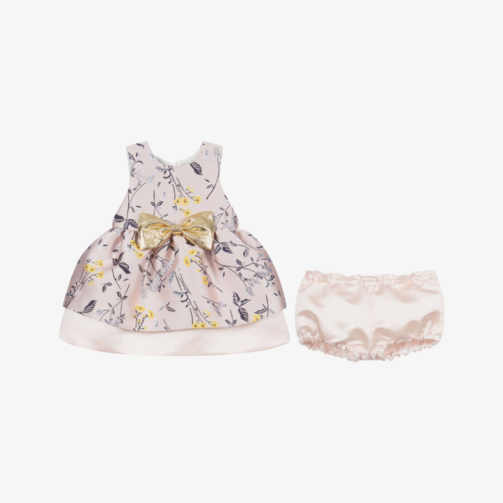 Hucklebones London-فستان وسروال ساتان جاكارد لون زهري وكحلي للمولودات | Childrensalon Outlet