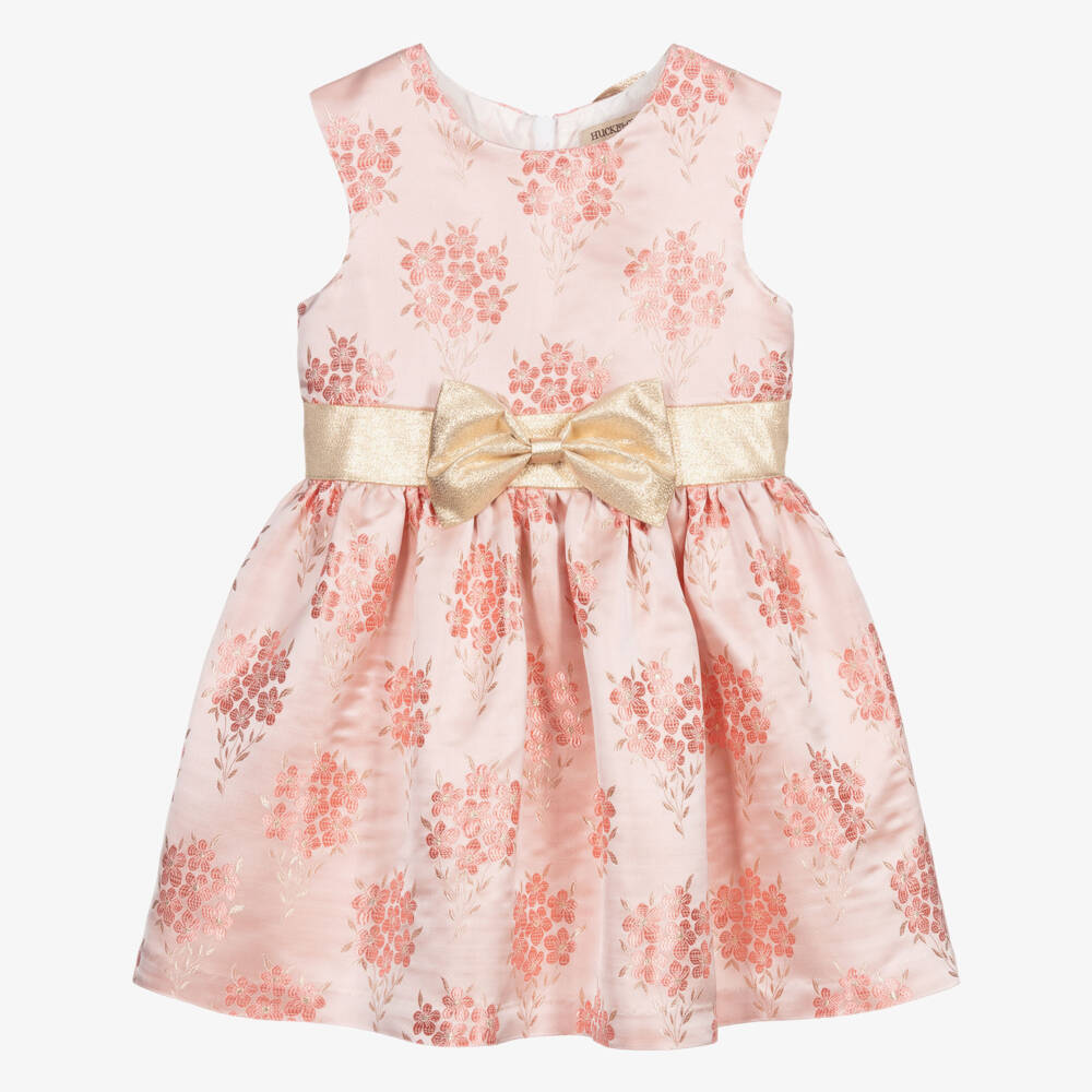 Hucklebones London-فستان جاكارد ساتان لون زهري و ذهبي | Childrensalon Outlet