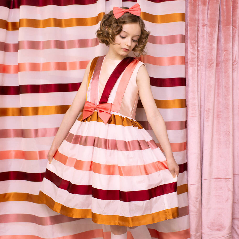 Hucklebones London-White & Pink Satin Stripe Dress | Childrensalon Outlet