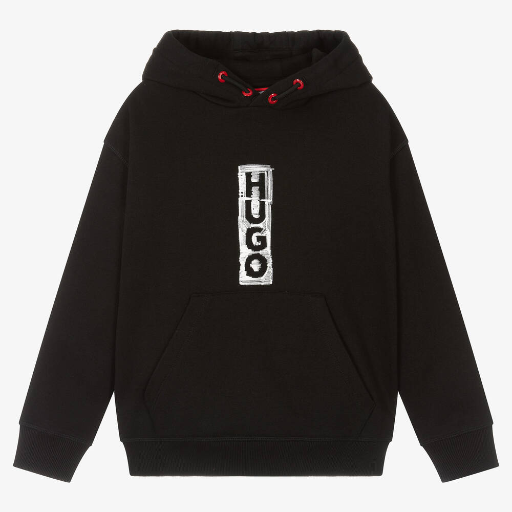 HUGO - Black Cotton Jersey Hoodie | Childrensalon