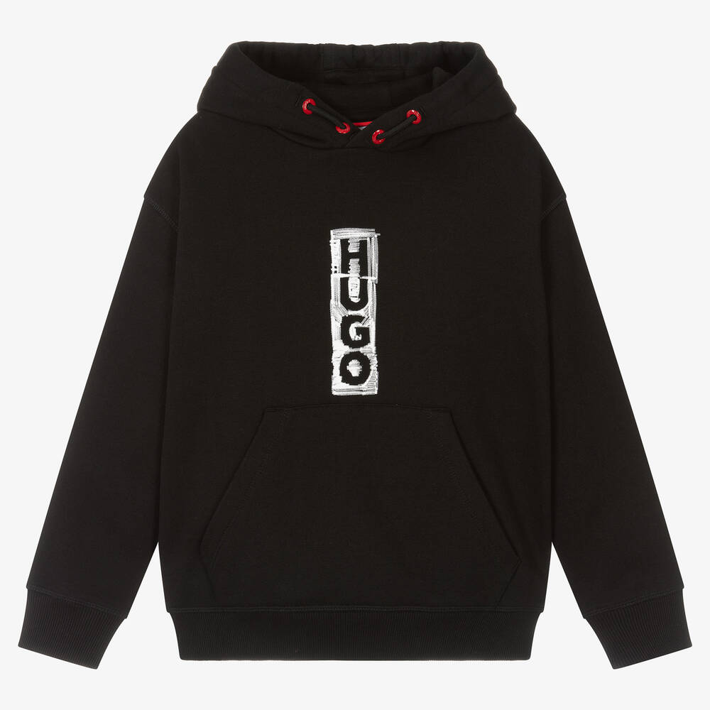 HUGO - Sweat à capuche noir en coton | Childrensalon