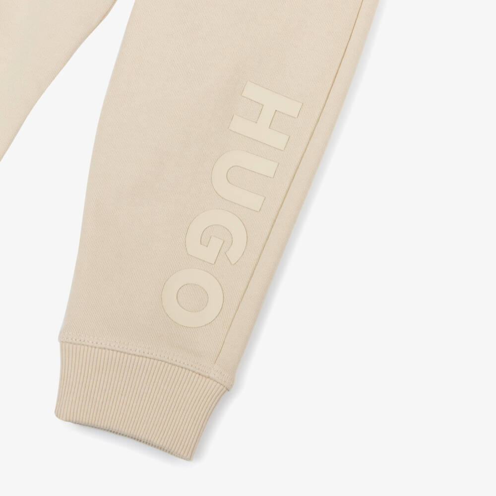 HUGO-Boys Beige Cotton Logo Joggers | Childrensalon Outlet