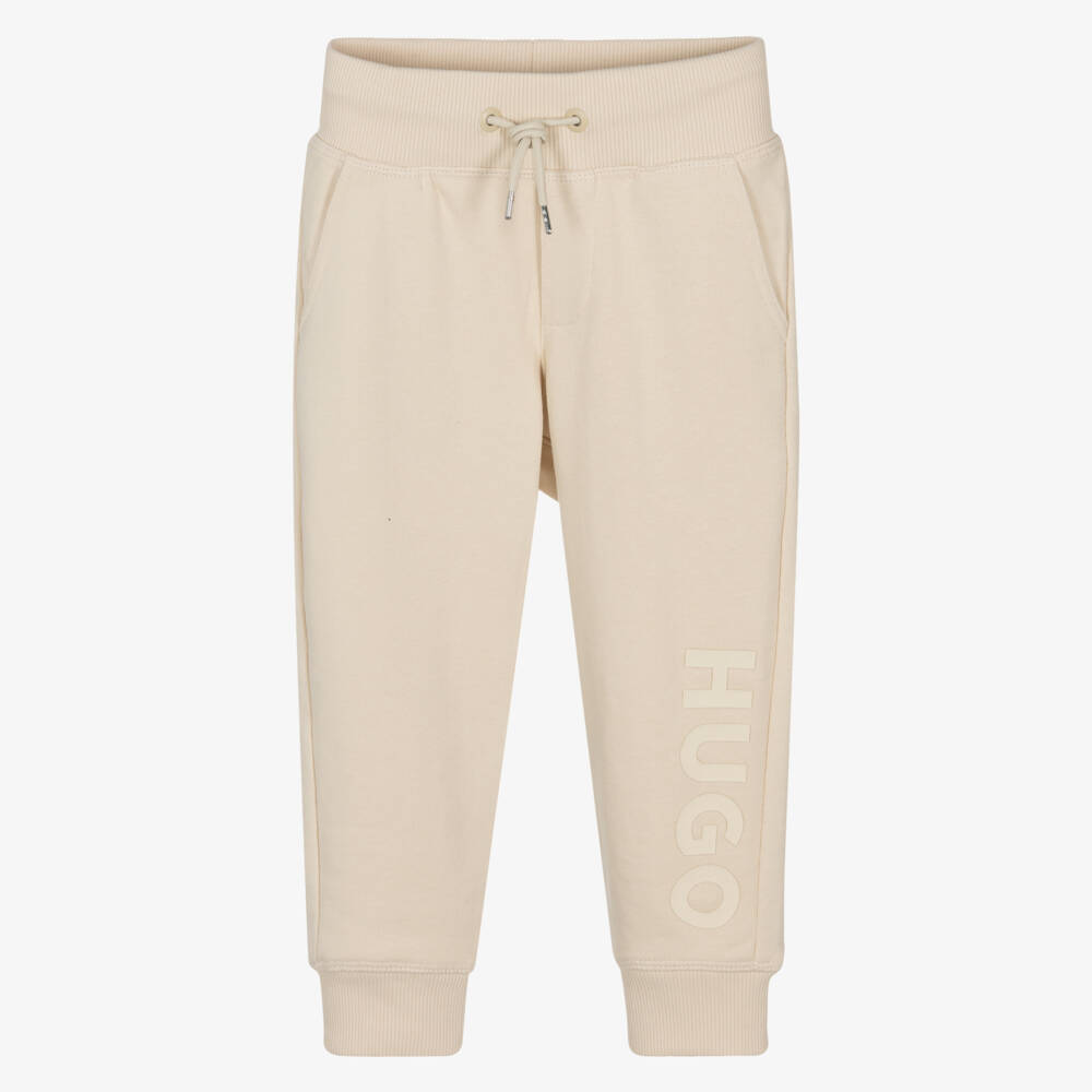HUGO-Boys Beige Cotton Logo Joggers | Childrensalon Outlet