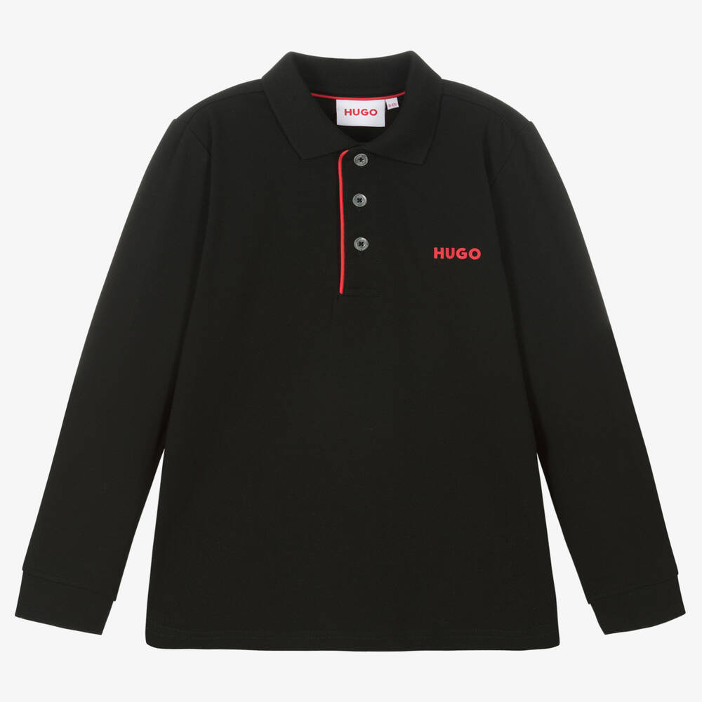 HUGO - Boys Black Cotton Polo Shirt | Childrensalon