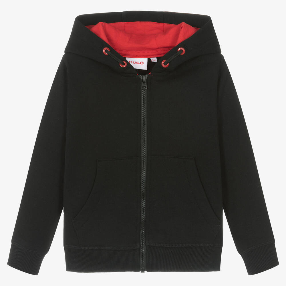 HUGO - Boys Black Cotton Zip-Up Hoodie | Childrensalon