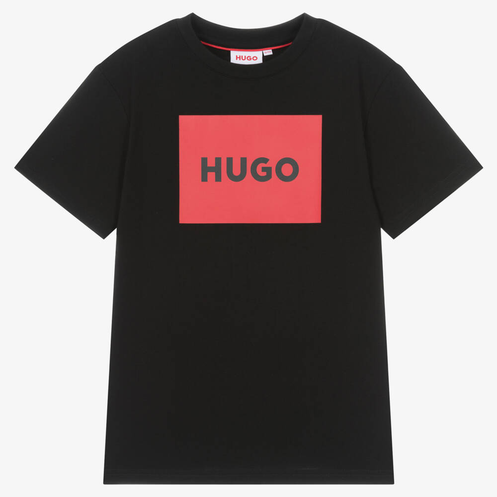 HUGO-Boys Black Organic Cotton Logo T-Shirt | Childrensalon Outlet