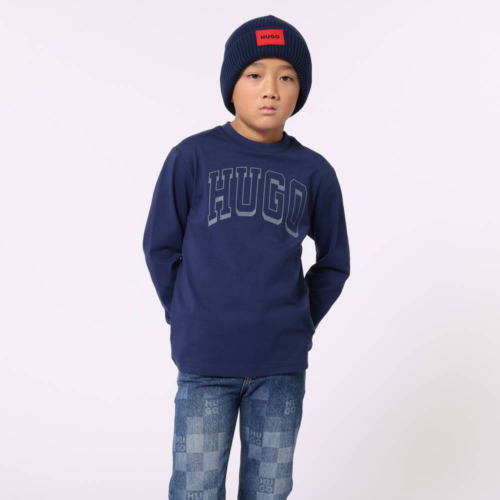 HUGO-Boys Blue Cotton Long Sleeve Tee | Childrensalon Outlet