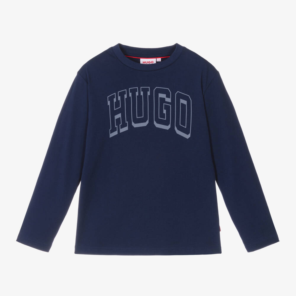 HUGO-Boys Blue Cotton Long Sleeve Tee | Childrensalon Outlet