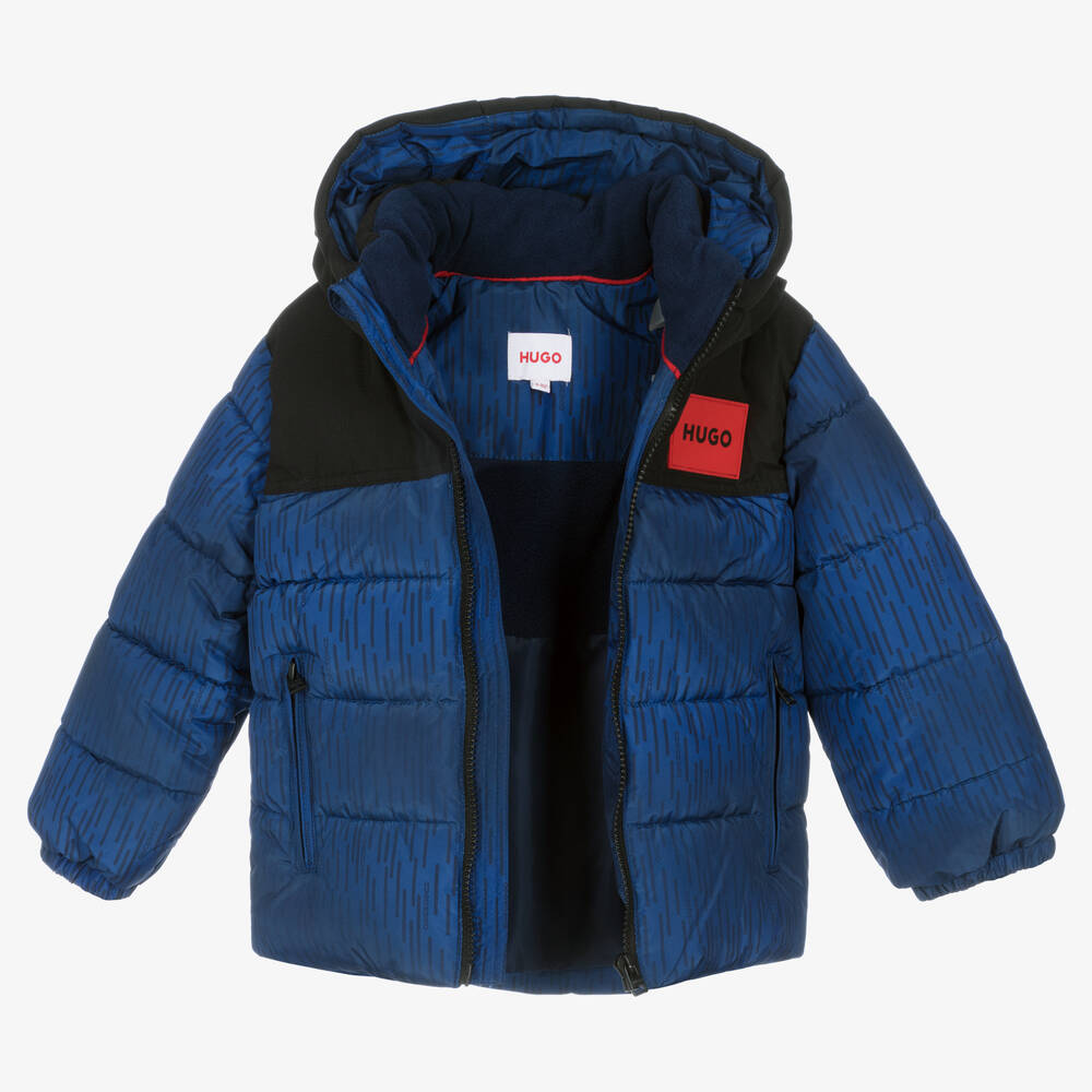 HUGO-Boys Blue Hooded Puffer Jacket | Childrensalon Outlet