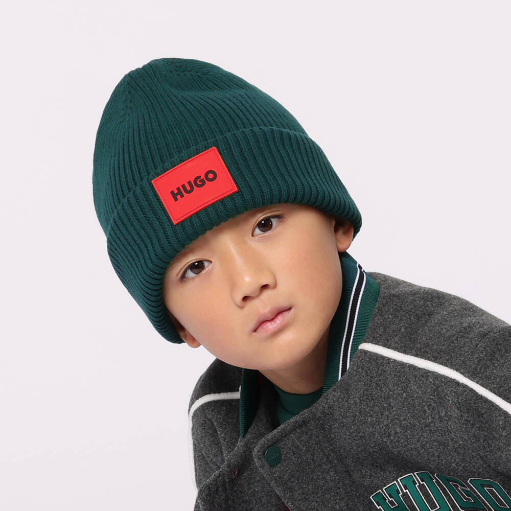 HUGO-Boys Cozy Green Knit Hat | Childrensalon Outlet