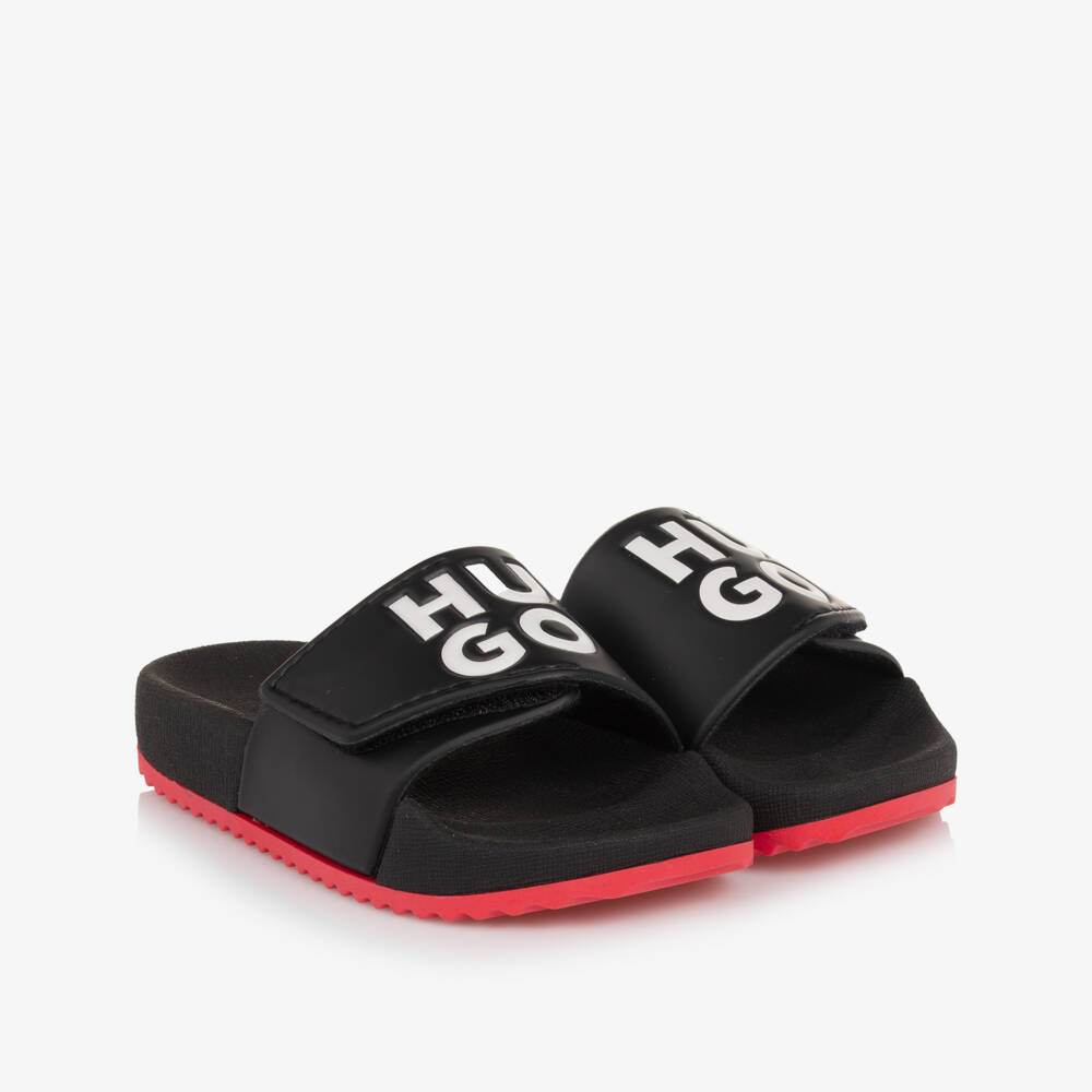 HUGO-Boys Ebony Emblem Comfort Slides | Childrensalon Outlet